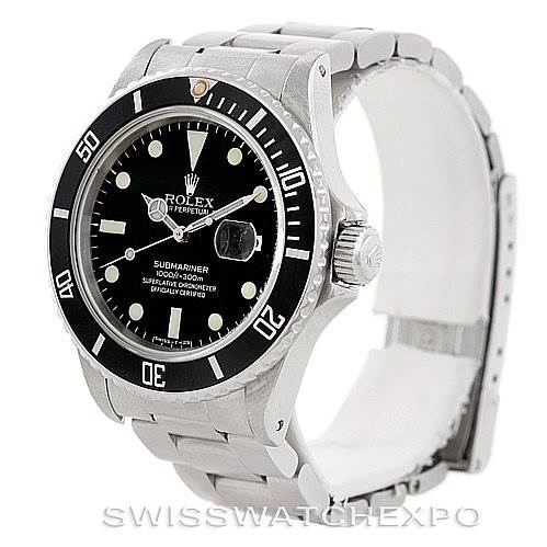 The Rolex Vintage Collection 16800 Men's Stainless Steel Black Dial 16800 Men's Stainless Steel Black Dial Submariner watch is shown at a three-quarter angle, highlighting its dial, bezel, crown, and bracelet.