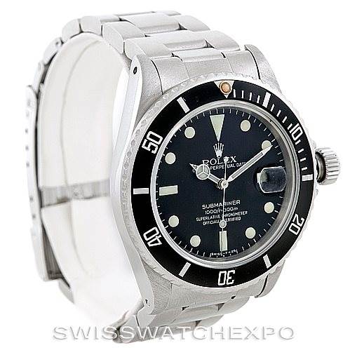 The image shows a Rolex Vintage Collection 16800 Men's Stainless Steel Black Dial 16800 Men's Stainless Steel Black Dial Submariner watch at a slight angle, highlighting the face, bezel, and bracelet.