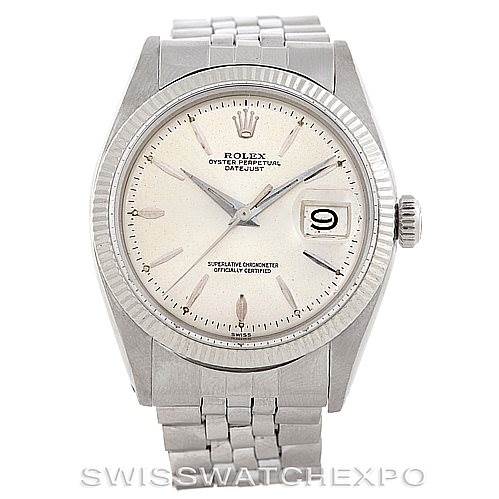 This is a front view of a Rolex Vintage Collection 1603 Men's Stainless Steel Silver Dial 1603 Men's Stainless Steel Silver Dial model, showing the face, hour markers, bezel, crown, and bracelet.
