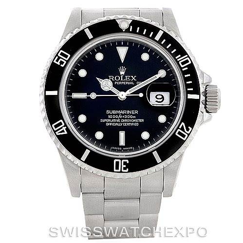 This is a front view of the Rolex Vintage Collection 16800 Men's Stainless Steel Black Dial 16800 Men's Stainless Steel Black Dial Submariner, showing the dial, bezel, crown, and stainless steel bracelet.