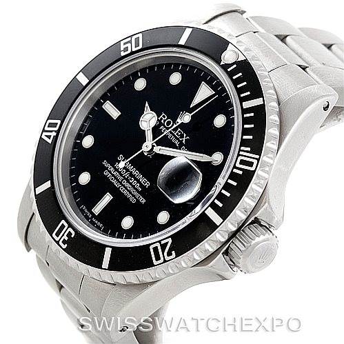 The image shows a side and angled view of the Rolex Vintage Collection 16800 Men's Stainless Steel Black Dial 16800 Men's Stainless Steel Black Dial Submariner watch, highlighting the face, bezel, crown, and bracelet.