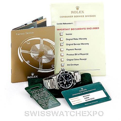 The image shows a Rolex Vintage Collection 16800 Men's Stainless Steel Black Dial 16800 Men's Stainless Steel Black Dial watch, viewed from the front, along with accessories including booklets and service cards.