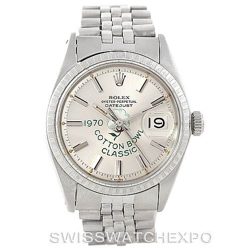 This is a front view of the Rolex Vintage Collection 1603 Men's Stainless Steel Silver Dial 1603 Men's Stainless Steel Silver Dial watch showing the face, hands, date display, and band.