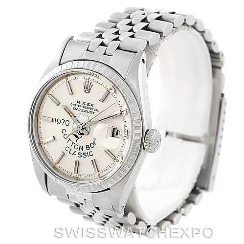 The image shows a Rolex Vintage Collection 1603 Men's Stainless Steel Silver Dial 1603 Men's Stainless Steel Silver Dial Datejust watch at an angle displaying the face, bezel, crown, and part of the bracelet.