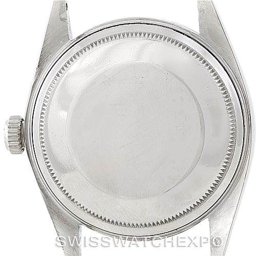 This image shows the back case and part of the crown of the Rolex Vintage Collection 1603 Men's Stainless Steel Silver Dial 1603 Men's Stainless Steel Silver Dial model watch from a straight-on angle.