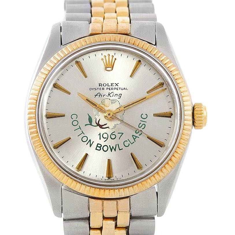 The image shows a front view of a Rolex Vintage Collection 5501 Men's Steel and Gold (two tone) Silver Dial 5501 Men's Steel and Gold (two tone) Silver Dial Air-King watch, highlighting its face, bezel, crown, and part of its bracelet.
