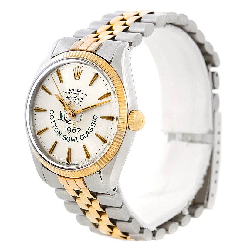 The image shows a Rolex Vintage Collection 5501 Men's Steel and Gold (two tone) Silver Dial 5501 Men's Steel and Gold (two tone) Silver Dial Air-King watch from a front angle, highlighting the dial, bezel, and bracelet.