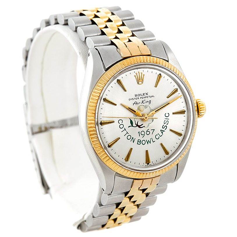 The image shows a Rolex Vintage Collection 5501 Men's Steel and Gold (two tone) Silver Dial 5501 Men's Steel and Gold (two tone) Silver Dial Air-King watch with a silver and gold link bracelet and a commemorative dial.