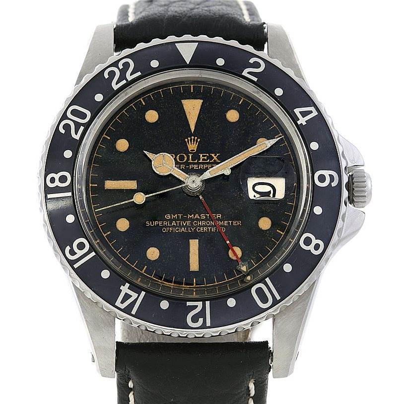 The image shows the Rolex Vintage Collection 1675 Men's Stainless Steel Black Dial 1675 Men's Stainless Steel Black Dial GMT-Master watch, front view, highlighting its dial, bezel, hands, and strap.