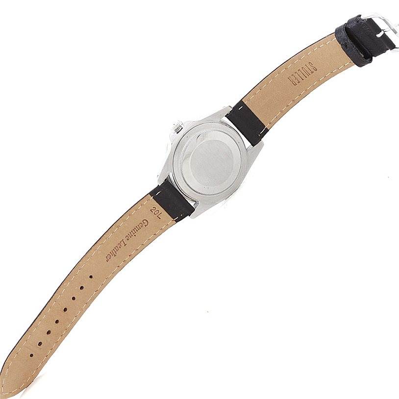 This image shows the back case and leather strap of a Rolex Vintage Collection 1675 Men's Stainless Steel Black Dial 1675 Men's Stainless Steel Black Dial model watch.