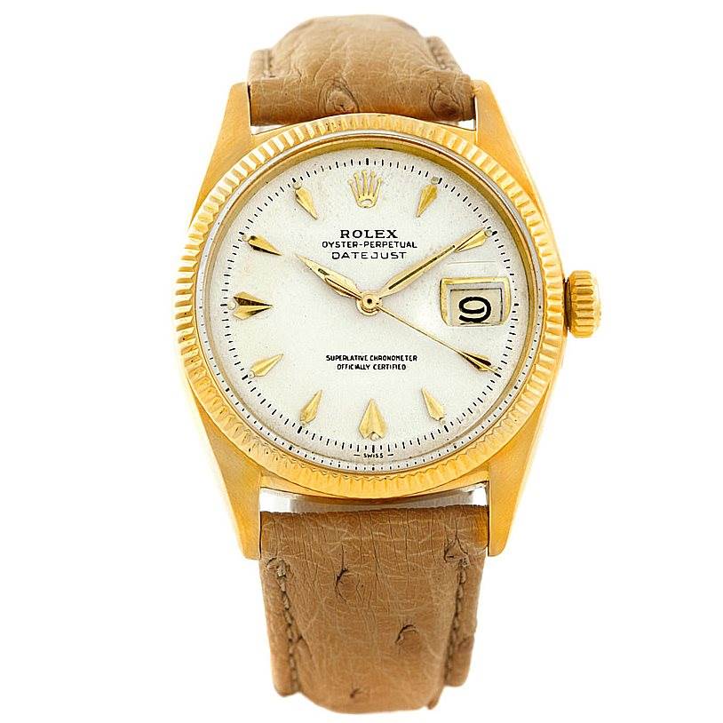 The image shows a front view of a Rolex Vintage Collection 6605 Men's Yellow Gold Silver Dial 6605 Men's Yellow Gold Silver Dial Datejust watch with a gold case, white dial, date window, and brown leather strap.