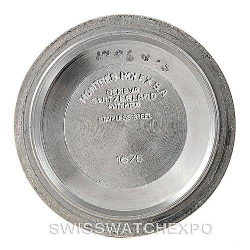 This image shows the inner case back of a Vintage Collection Rolex watch, model 1675, made of stainless steel.