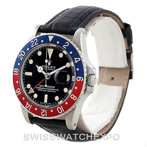 The image shows a Rolex GMT Master Vintage Collection model from a front and slightly right-side angle, highlighting the watch face and bezel.