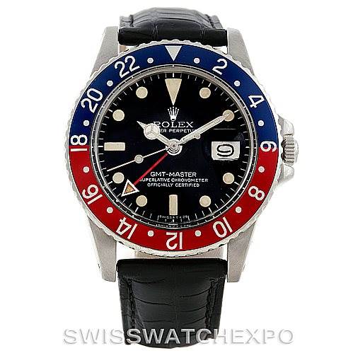 This image shows a front view of the Rolex Vintage Collection 1675 Men's Stainless Steel Black Dial 1675 Men's Stainless Steel Black Dial GMT-Master watch, displaying its dial and bezel.