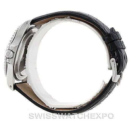 The image shows a side view of a Rolex Vintage Collection 1675 Men's Stainless Steel Black Dial 1675 Men's Stainless Steel Black Dial watch, highlighting the watch case, crown, and leather strap.