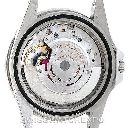 The image shows the back view of the Rolex Vintage Collection 1675 Men's Stainless Steel Black Dial 1675 Men's Stainless Steel Black Dial model, revealing its mechanical movement.