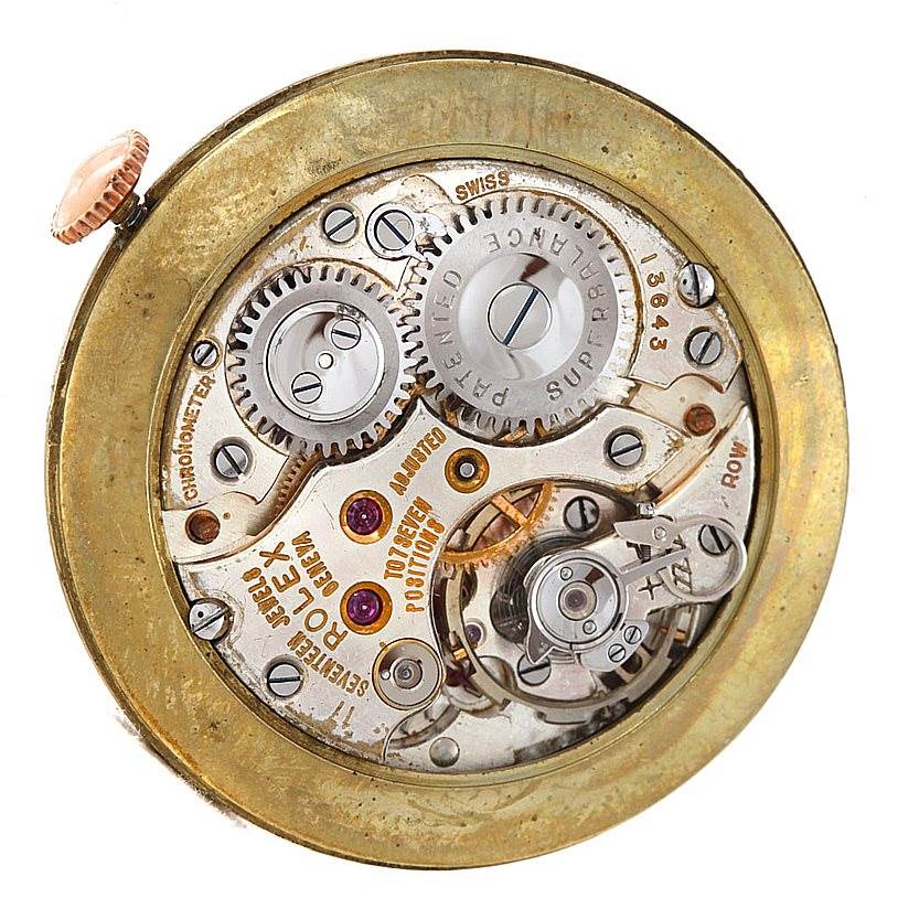 This is a close-up view of the internal mechanism of the Vintage Collection model by Rolex, showing gears and components.