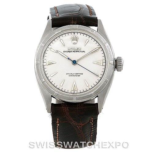 This image shows a front view of a Vintage Collection Rolex Oyster Perpetual watch with a leather strap.