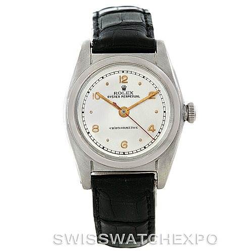 This image shows a frontal view of a Rolex Vintage Collection 2940 Men's Stainless Steel Silver Dial 2940 Men's Stainless Steel Silver Dial watch, displaying its dial, hands, case, and leather strap.