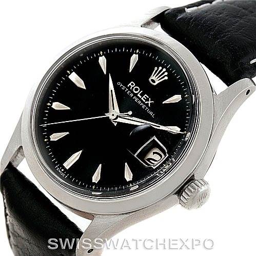 The image shows a Rolex Vintage Collection 6518 Men's Stainless Steel Black Dial 6518 Men's Stainless Steel Black Dial watch at a slight angle, highlighting the black dial, silver hands, crown, and partial leather strap.