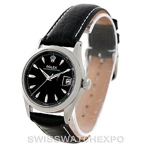 The image shows a Rolex Vintage Collection 6518 Men's Stainless Steel Black Dial 6518 Men's Stainless Steel Black Dial watch angled from the front and slightly to the right, highlighting the black dial and leather strap.
