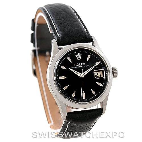 The Rolex Vintage Collection 6518 Men's Stainless Steel Black Dial 6518 Men's Stainless Steel Black Dial watch is shown at a slight angle, highlighting the black dial, crown, date window, and leather strap.