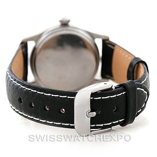 This image shows the back view of the Rolex Vintage Collection 6518 Men's Stainless Steel Black Dial 6518 Men's Stainless Steel Black Dial watch, featuring its black leather strap and buckle.