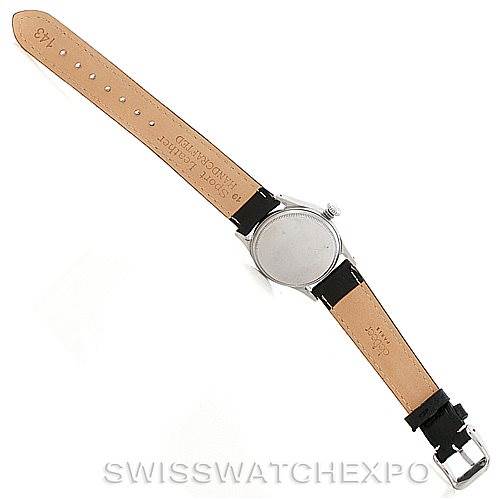 This image shows the back and straps of a Rolex Vintage Collection 6518 Men's Stainless Steel Black Dial 6518 Men's Stainless Steel Black Dial watch, displaying the leather band and case back.