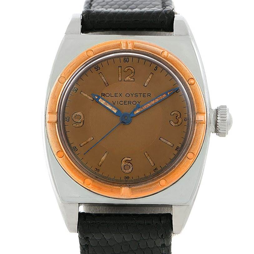 This image shows the front view of a Rolex Vintage Collection 3121 Men's Stainless Steel Brown Dial 3121 Men's Stainless Steel Brown Dial model watch, highlighting the dial, bezel, crown, and strap.