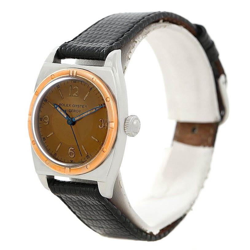 The image shows a Rolex Vintage Collection 3121 Men's Stainless Steel Brown Dial 3121 Men's Stainless Steel Brown Dial watch at a slight side angle, displaying the dial, bezel, case, crown, and leather strap.