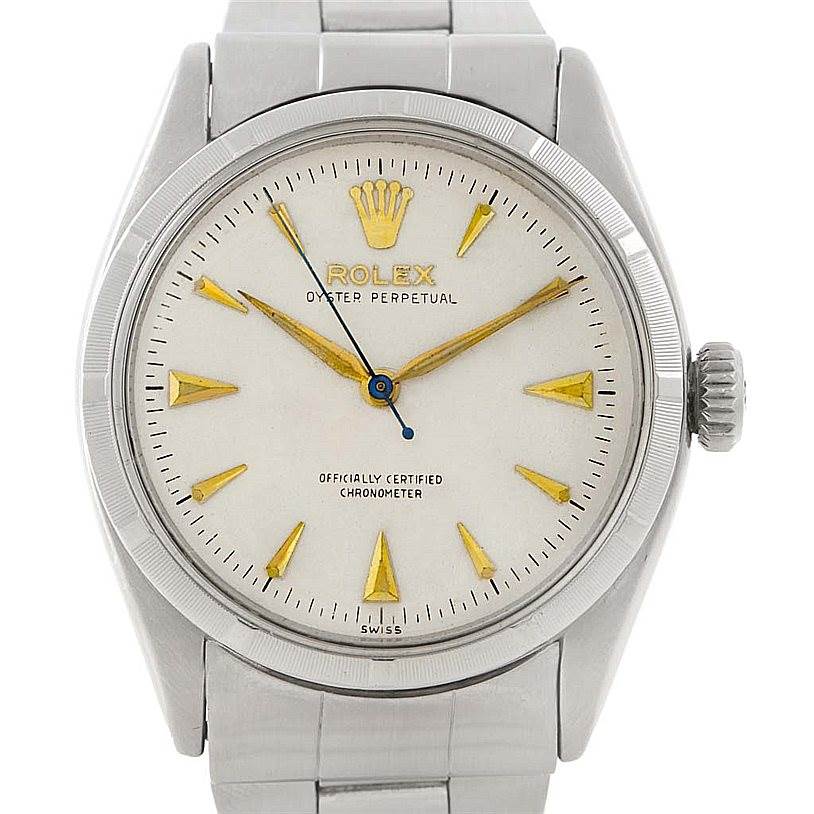 This image shows a front view of the Rolex Vintage Collection 6285 Men's Stainless Steel Silver Dial 6285 Men's Stainless Steel Silver Dial model, highlighting its face, dial, hands, and case.