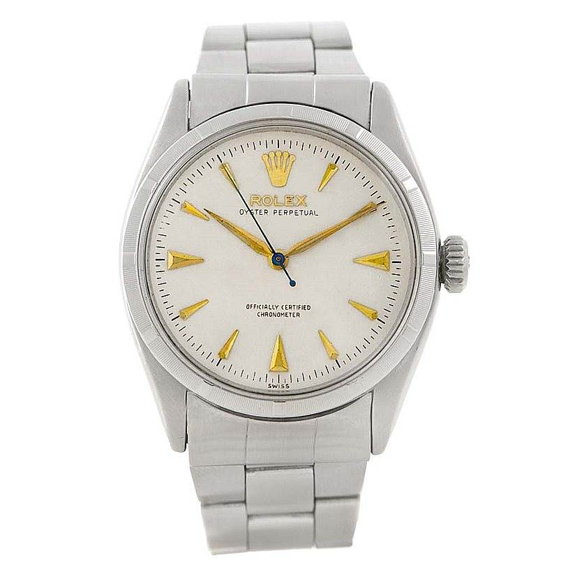 The image shows a front view of the Rolex Vintage Collection 6285 Men's Stainless Steel Silver Dial 6285 Men's Stainless Steel Silver Dial watch, displaying the dial, bezel, crown, and bracelet clearly.