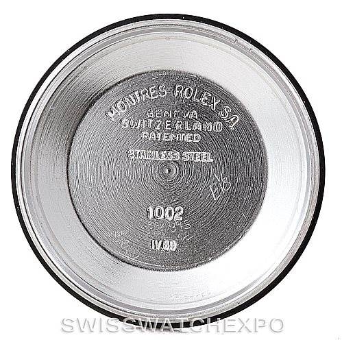 This is an underside view of a stainless steel case back from a Vintage Collection Rolex watch, displaying the brand and model details.