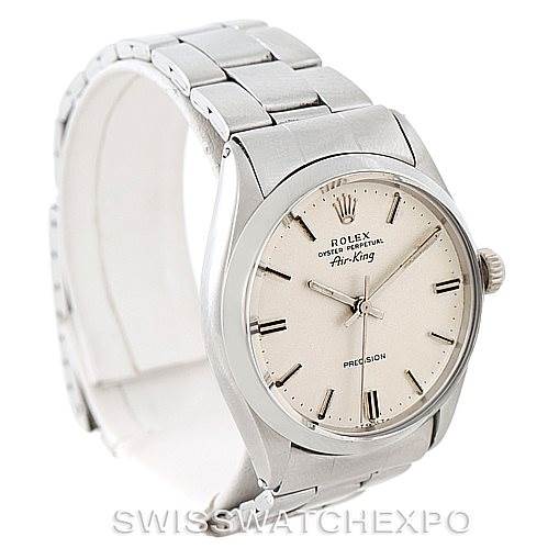 The image shows a Rolex Vintage Collection 5500 Men's Stainless Steel Silver Dial 5500 Men's Stainless Steel Silver Dial Air-King watch at a three-quarter angle, displaying the face, bezel, crown, and part of the bracelet.