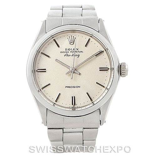 The image shows a front view of the Rolex Vintage Collection 5500 Men's Stainless Steel Silver Dial 5500 Men's Stainless Steel Silver Dial Air-King watch, including its face, bezel, and bracelet.
