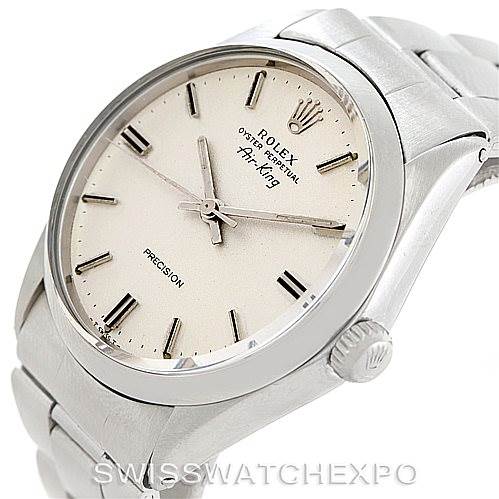 The image shows a close-up of a Vintage Collection Rolex Oyster Perpetual Air-King watch, focusing on the dial, crown, and part of the bracelet.
