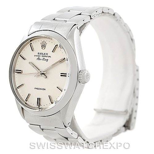 This image shows a Rolex Vintage Collection 5500 Men's Stainless Steel Silver Dial 5500 Men's Stainless Steel Silver Dial Air-King watch angled from the front-right, highlighting its face, crown, and bracelet.