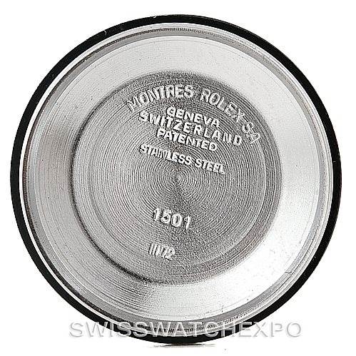 This image shows the inside case back of a Vintage Collection model by Rolex, featuring engraved details and model number 1501.