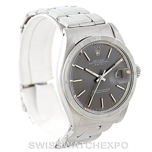 This image shows a Rolex Vintage Collection 1501 Men's Stainless Steel Grey Dial 1501 Men's Stainless Steel Grey Dial model watch from a three-quarter angle, highlighting its face, bezel, and bracelet.