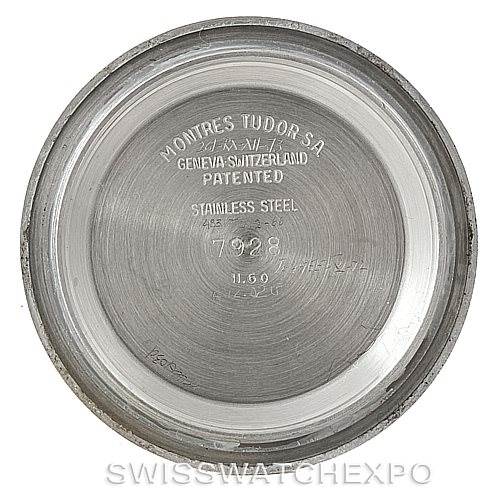 This is the inner case back of a Tudor Submariner 7928 Men's Stainless Steel Black Dial 7928 Men's Stainless Steel Black Dial watch, showing inscriptions and model details.