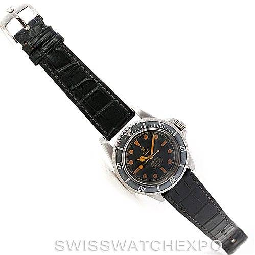 The Tudor Submariner 7928 Men's Stainless Steel Black Dial 7928 Men's Stainless Steel Black Dial watch is shown at an angled view, displaying the face, bezel, and black leather strap.