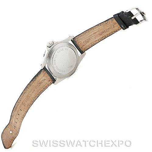 This image shows the back case and leather straps of a Tudor Submariner 7928 Men's Stainless Steel Black Dial 7928 Men's Stainless Steel Black Dial watch from a top-down angle.