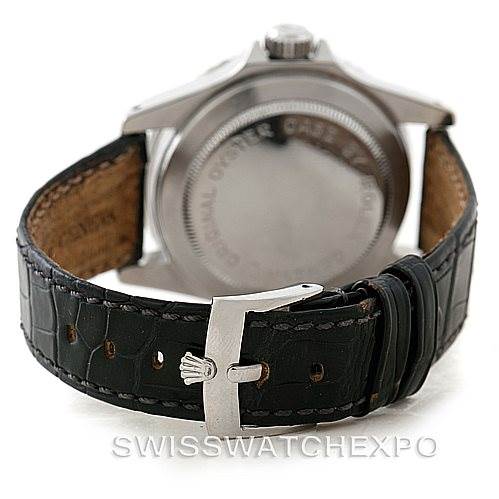 This image shows the back of a Tudor Submariner 7928 Men's Stainless Steel Black Dial 7928 Men's Stainless Steel Black Dial watch, highlighting the case back and black leather strap with a branded clasp.