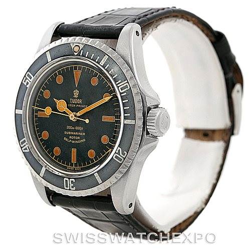 The image shows a Tudor Submariner 7928 Men's Stainless Steel Black Dial 7928 Men's Stainless Steel Black Dial watch at an angled side view, displaying its bezel, dial, crown, and strap.
