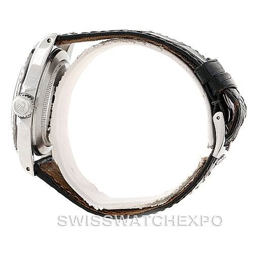 The image shows a side view of a Tudor Submariner 7928 Men's Stainless Steel Black Dial 7928 Men's Stainless Steel Black Dial watch, focusing on the case, crown, and leather strap.