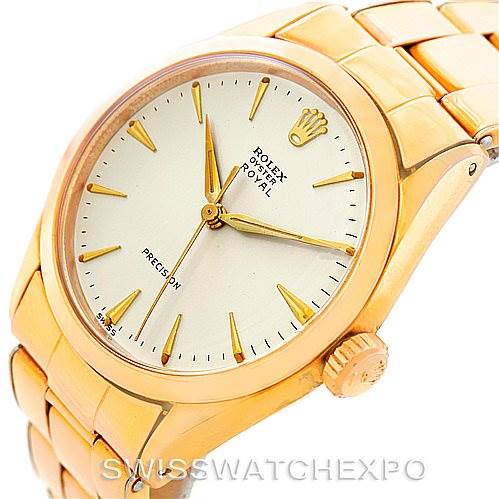 This image shows an angled view of the face and bracelet of a Rolex Vintage Collection 6426 Men's Silver Dial 6426 Men's Silver Dial model watch.