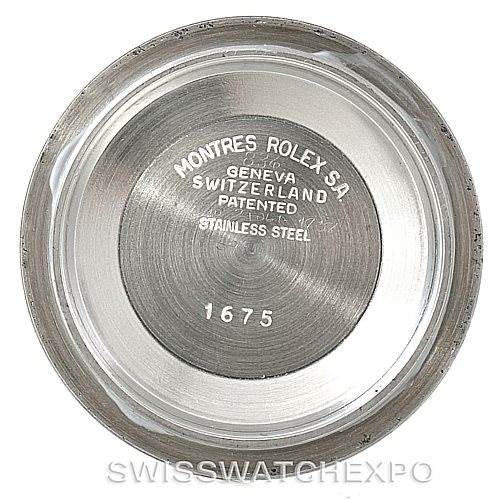 The image shows the inside view of the case back of a Rolex Vintage Collection 1675 Men's Stainless Steel Black Dial 1675 Men's Stainless Steel Black Dial model, indicating its stainless steel material.
