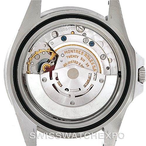 This image shows the inner mechanism of a Rolex Vintage Collection 1675 Men's Stainless Steel Black Dial 1675 Men's Stainless Steel Black Dial watch, viewed from the back with the case removed.