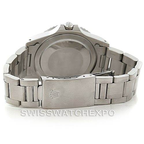 The image shows the back and clasp of a Rolex Vintage Collection 1675 Men's Stainless Steel Black Dial 1675 Men's Stainless Steel Black Dial model watch at an angle.