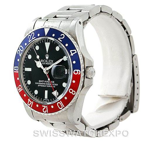 The image shows a Rolex Vintage Collection 1675 Men's Stainless Steel Black Dial 1675 Men's Stainless Steel Black Dial GMT-Master watch, displaying its face, bezel, crown, and part of the bracelet at a slight angle.